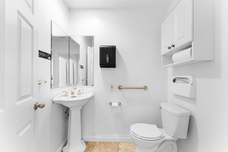 Accessible bathroom with grab bars, a pedestal sink, and paper towel dispenser