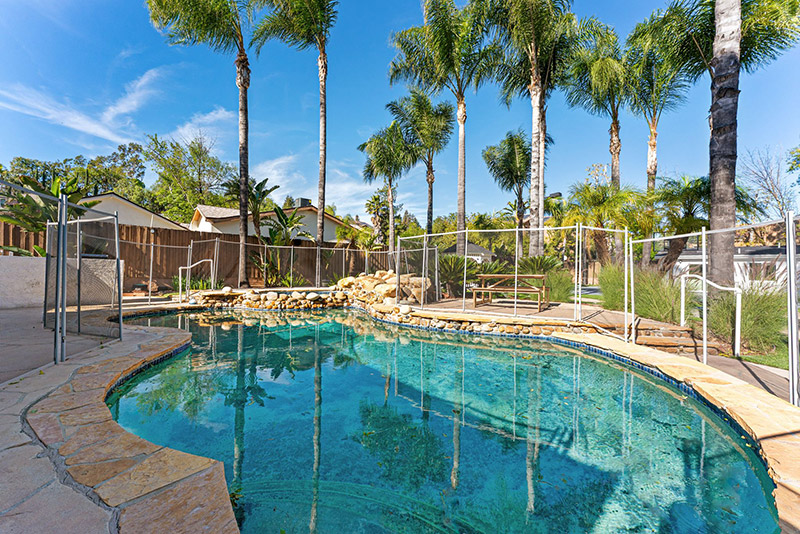 Swimming pool with safety fencing, natural rock accents, and palm trees